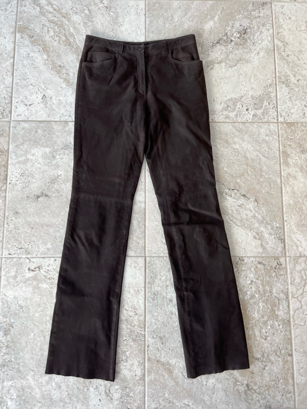 Rene Lezard 100% Suede Leather Straight Leg Pants Dark Chocolate Brown, size 38